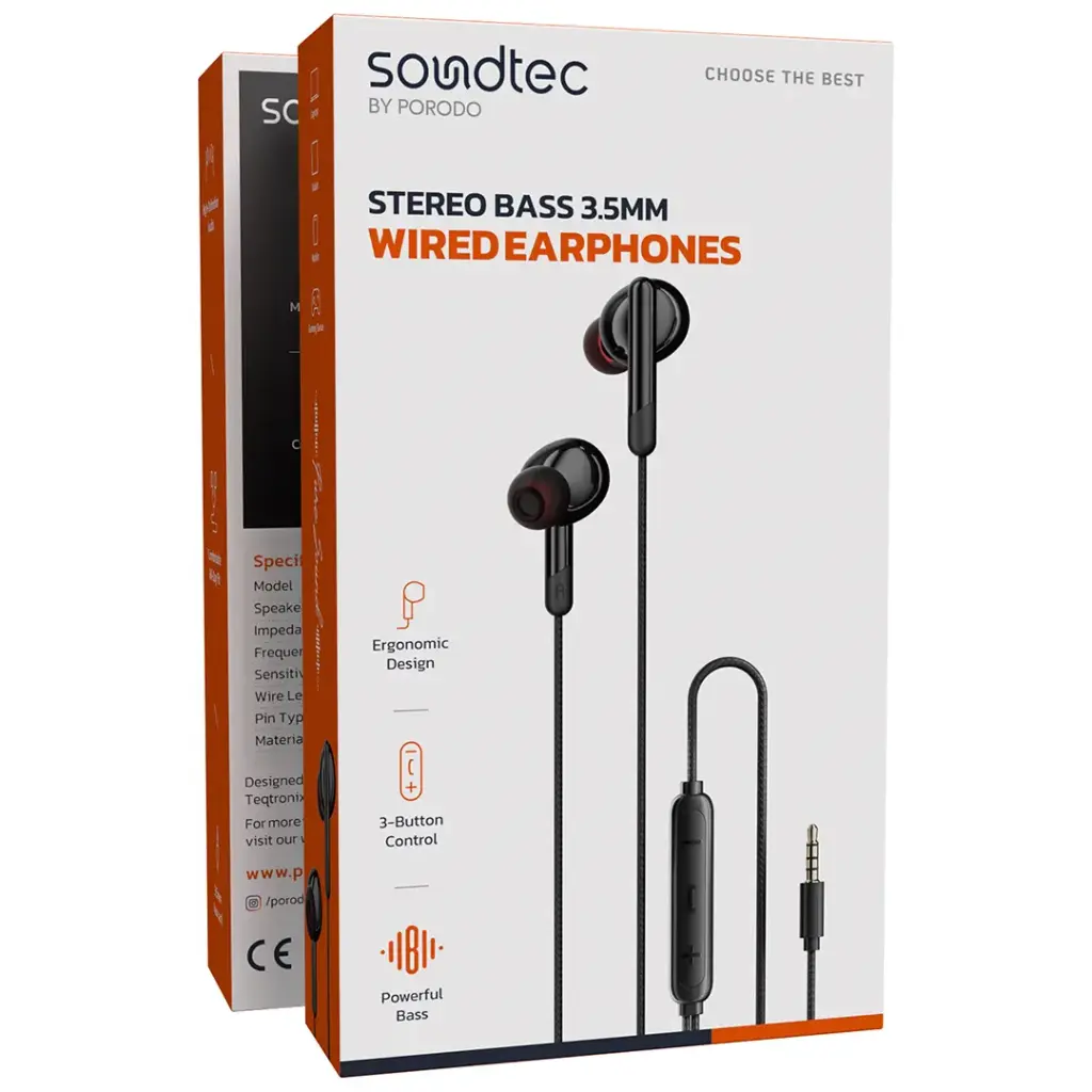 PORODO SOUNDTEC STEREO BASS 3.5MM WIRED EARPHONES BLACK PDWEC25BK thumbnail 3