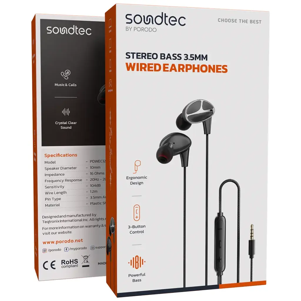 PORODO SOUNDTEC STEREO BASS 3.5MM WIRED EARPHONES BLACK PDWEC12BK thumbnail 3