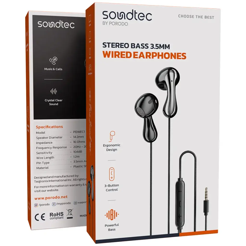 PORODO SOUNDTEC STEREO BASS 3.5MM WIRED EARPHONES BLACK PDWEC1BK thumbnail 3