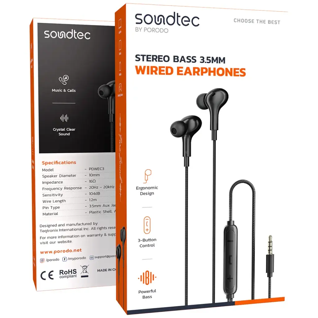 PORODO SOUNDTEC STEREO BASS 3.5MM WIRED EARPHONES BLACK PDWEC3BK thumbnail 3