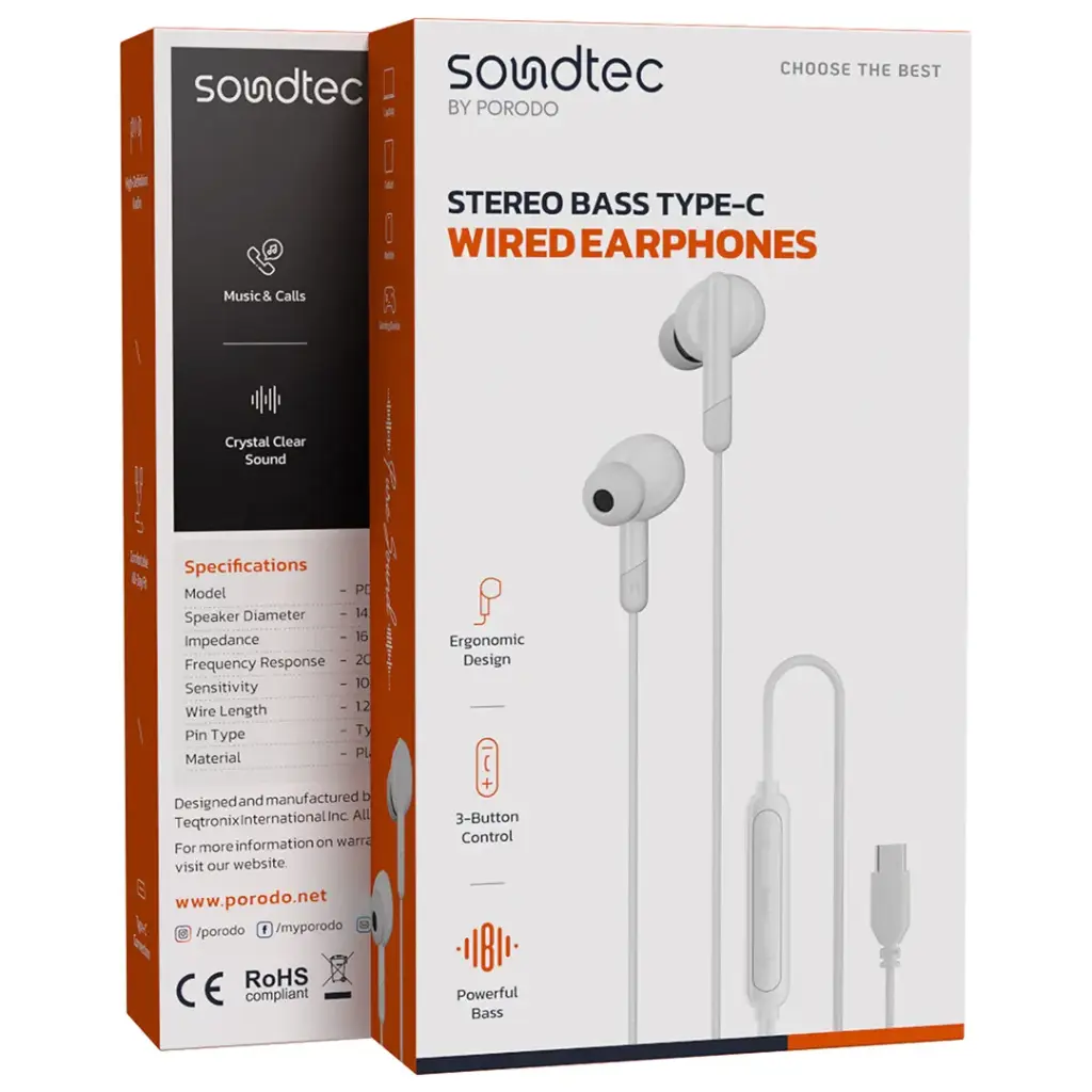 PORODO SOUNDTEC STEREO BASS TYPE C WIRED EARPHONES WHITE PD3BWEC25WH thumbnail 3