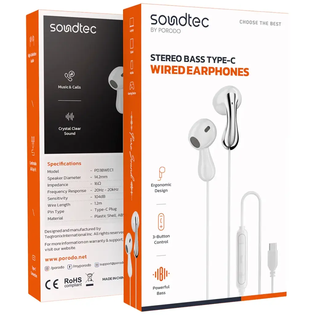 PORODO SOUNDTEC STEREO BASS TYPE C WIRED EARPHONES WHITE PD3BWEC1WH thumbnail 5