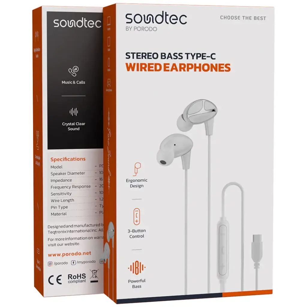 PORODO SOUNDTEC STEREO BASS TYPE C WIRED EARPHONES WHITE PD3BWEC12WH thumbnail 5