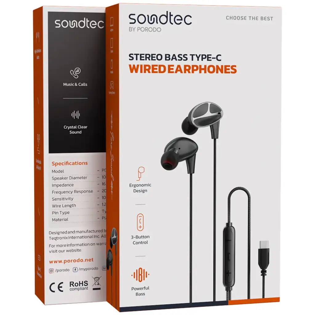 PORODO SOUNDTEC STEREO BASS TYPE C WIRED EARPHONES BLACK PD3BWEC12BK thumbnail 3