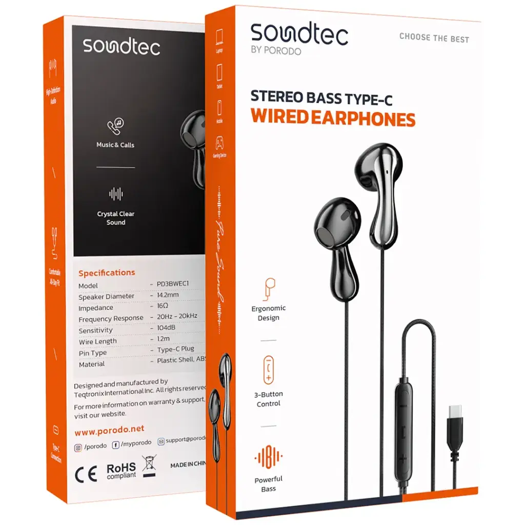 PORODO SOUNDTEC STEREO BASS TYPE C WIRED EARPHONES BLACK PD3BWEC1BK thumbnail 3