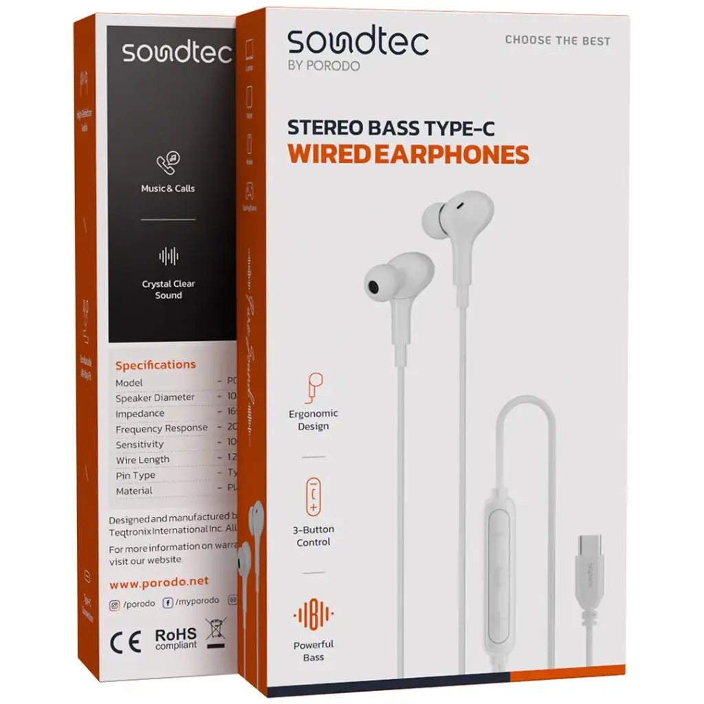 PORODO SOUNDTEC STEREO BASS TYPE C WIRED EARPHONES WHITE PD3BWEC3WH thumbnail 3