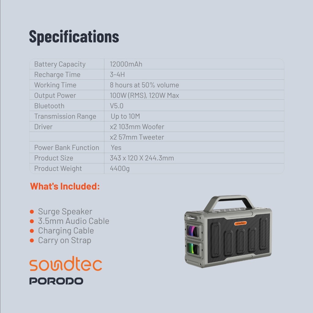 PORODO SOUNDTEC SURGE 2.2 CHANNEL PARTY BLACK SPEAKER PD-STPS100-BK thumbnail 5
