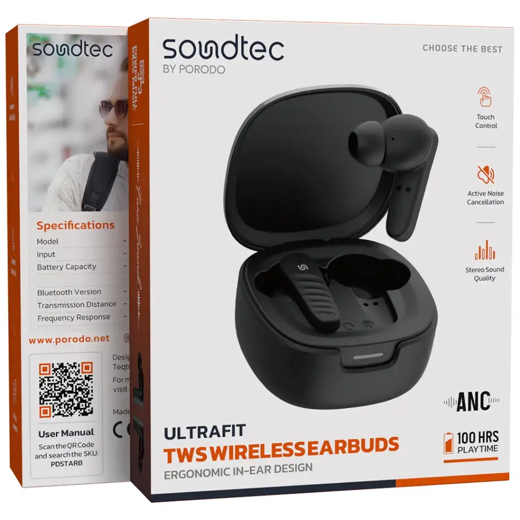 PORODO SOUNDTEC ULTRAFIT TWS WIRELESS EARBUDS ERGONOMIC IN EAR DESIGN BLACK PDSTARBBK thumbnail 9