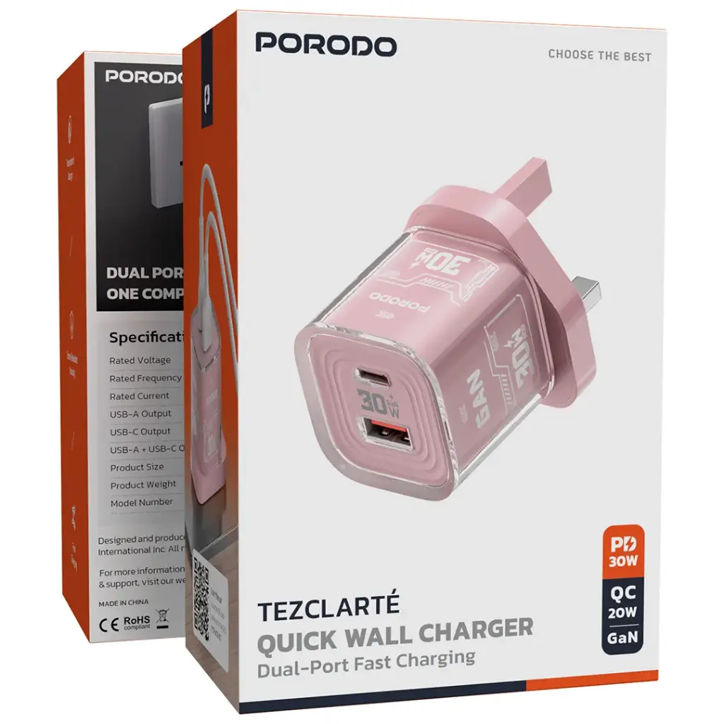 PORODO TEZCLARTE QUICK WALL CHARGER DUAL PORT FAST CHARGING PINK PDFWCH101PK thumbnail 5
