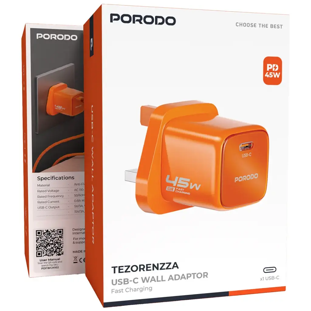 PORODO TEZORENZZA USB C WALL ADAPTOR PD45W ORANGE PDFWCH102OG thumbnail 3