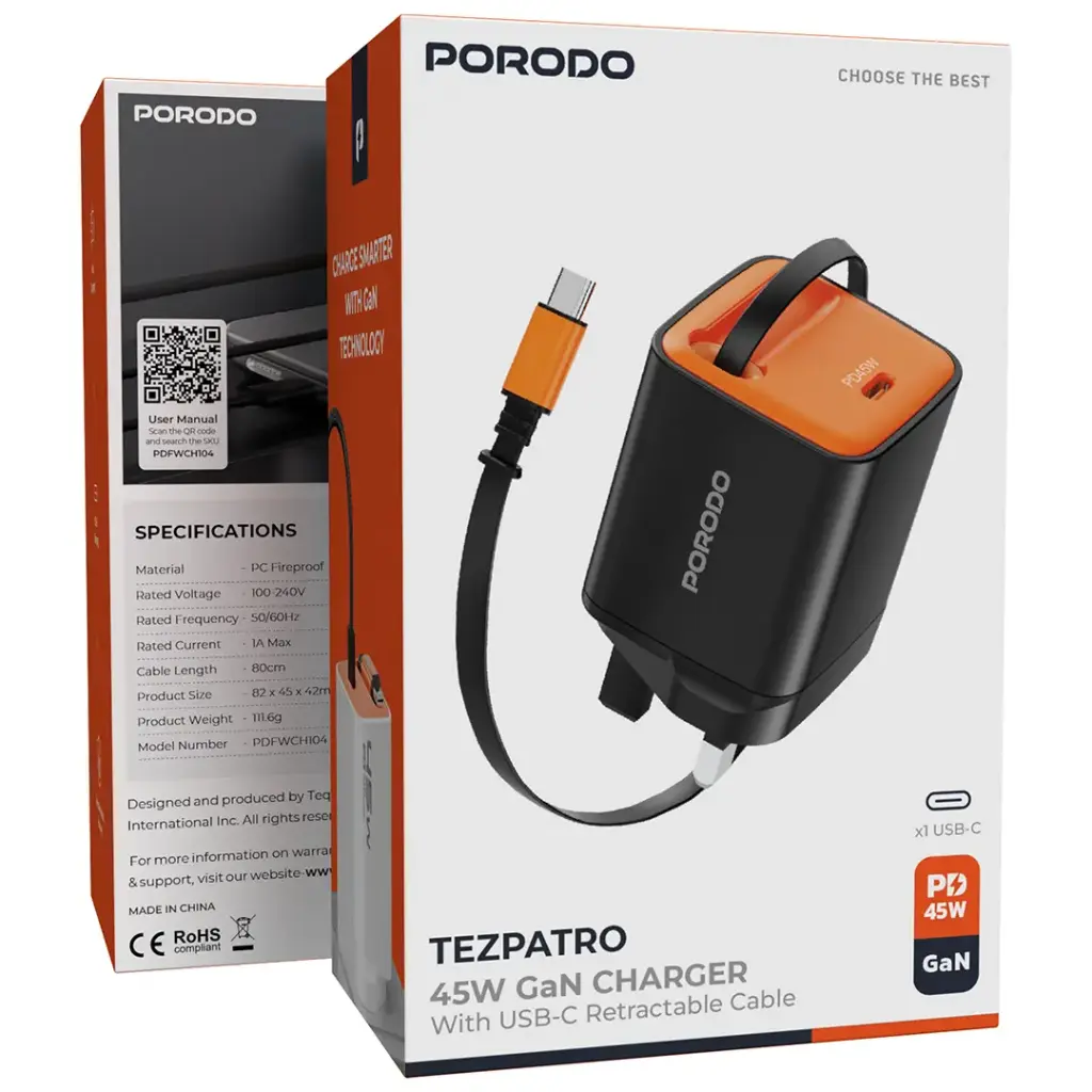 PORODO TEZPATRO 45W GAN CHARGER WITH USB C RETRACTABLE CABLE BLACK PDFWCH104BK thumbnail 3