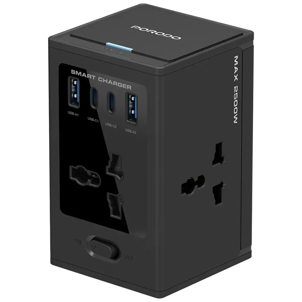 PORODO UNIVERSAL GAN MULTI PORT CUBE ADAPTER WITH 4 AC SOCKETS BLACK PDUNS8430BK thumbnail 5