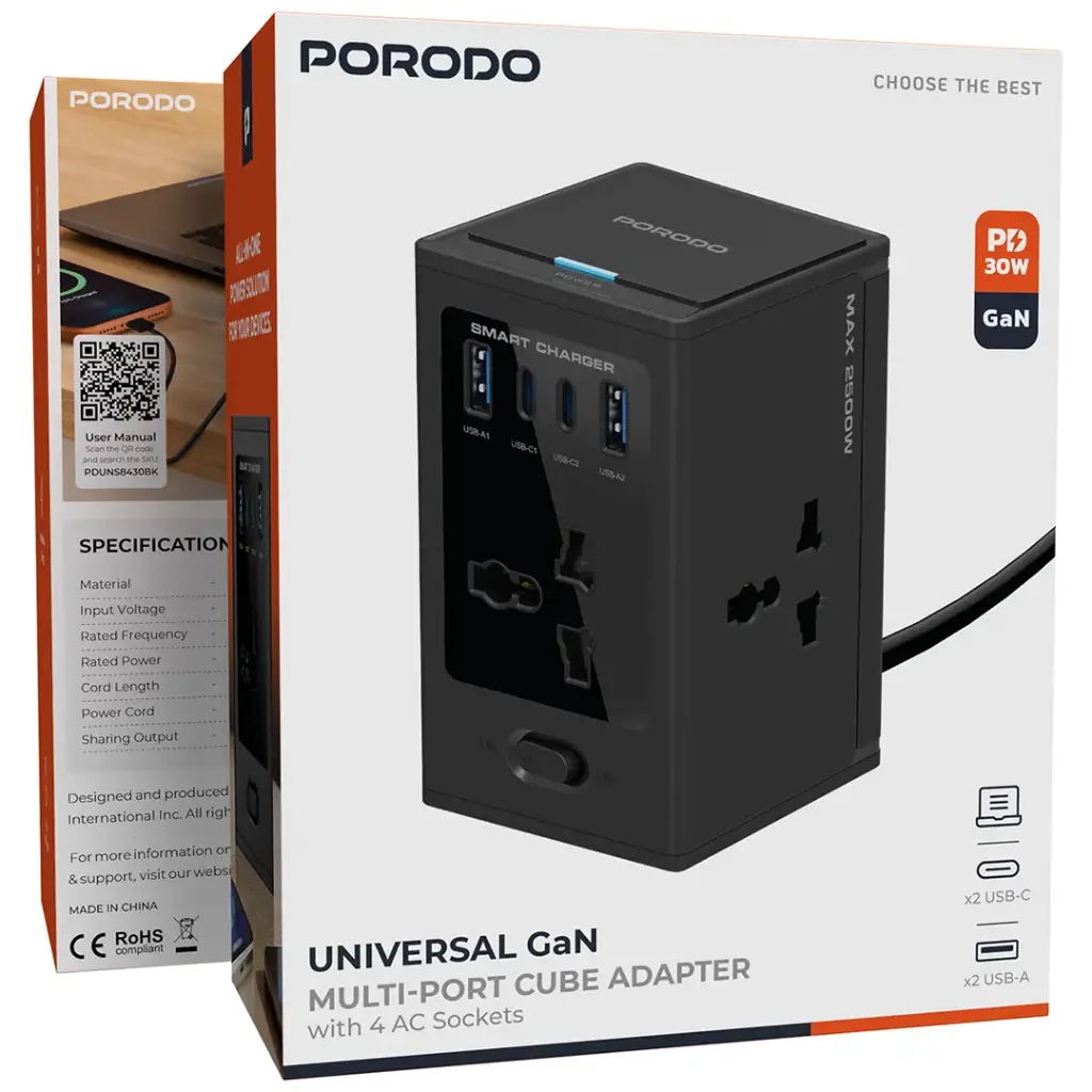 PORODO UNIVERSAL GAN MULTI PORT CUBE ADAPTER WITH 4 AC SOCKETS BLACK PDUNS8430BK thumbnail 7