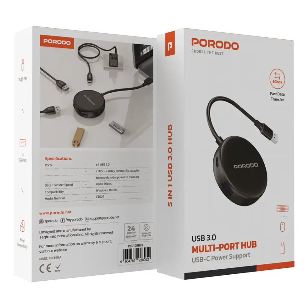 PORODO USB 3.0 MULTI-PORT HUB USB-C POWER SUPORT BLACK PD51CHBBK thumbnail 4