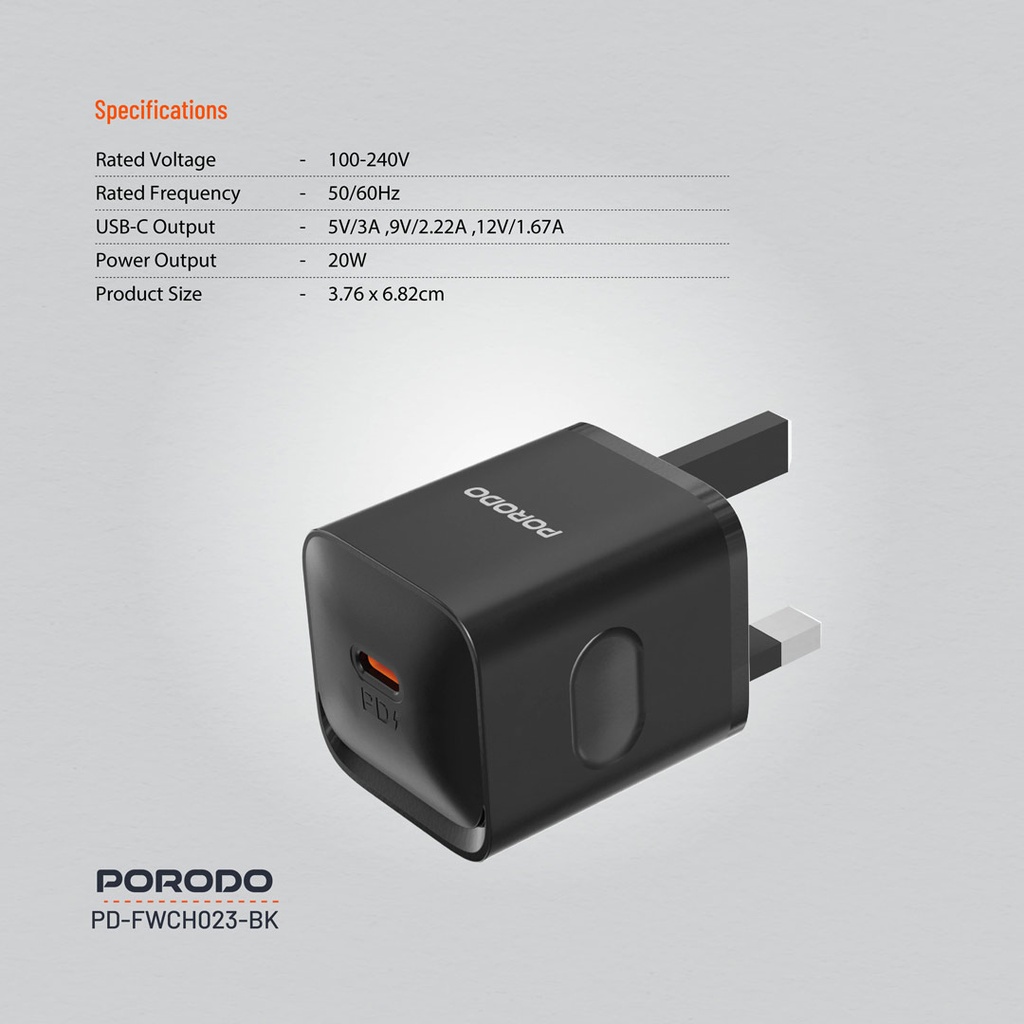 PORODO USB C POWER DELIVERY WALL CHARGER BLACK PD-FWC027-BK thumbnail 12