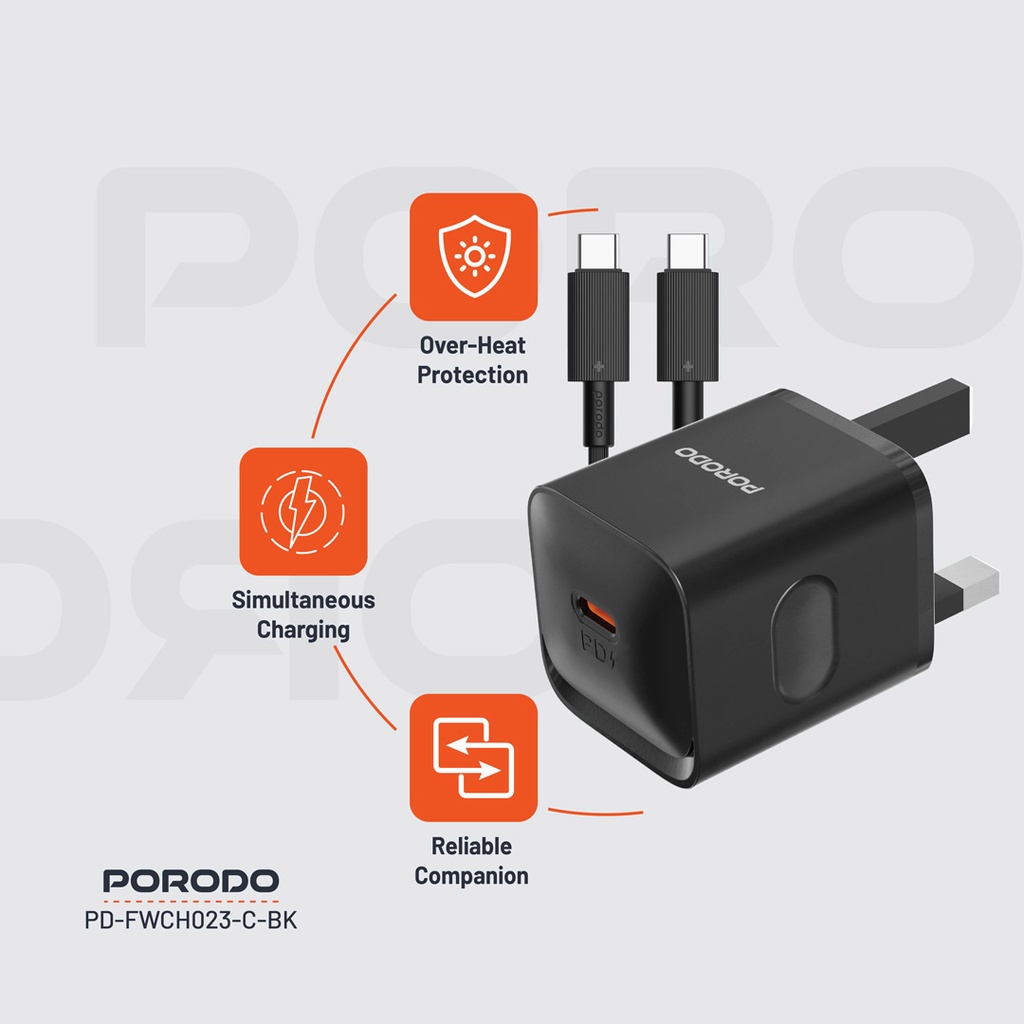 PORODO USB C TO LIGHTNING POWER DELIVERY WALL CHARGER 20W 1.2M BLACK PD-FWC023-L-BK thumbnail 17