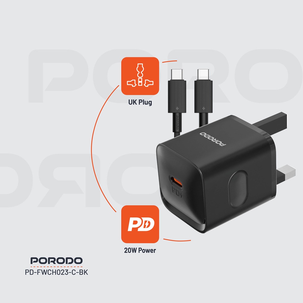 PORODO USB C TO LIGHTNING POWER DELIVERY WALL CHARGER 20W 1.2M BLACK PD-FWC023-L-BK thumbnail 16
