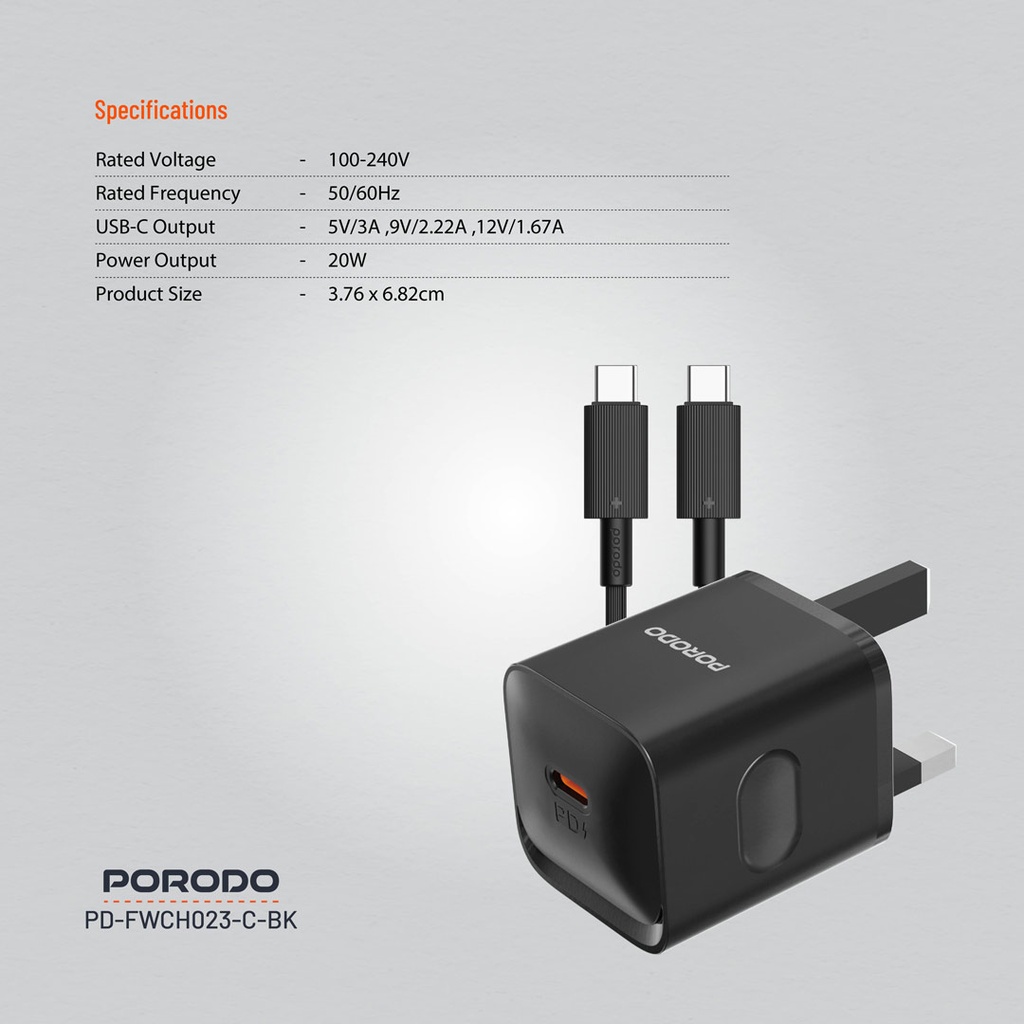 PORODO USB C TO LIGHTNING POWER DELIVERY WALL CHARGER 20W 1.2M BLACK PD-FWC023-L-BK thumbnail 11