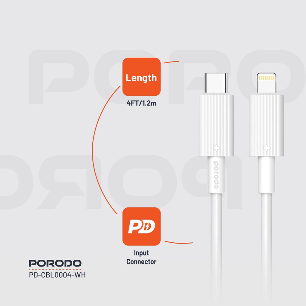 PORODO USB C TO LIGHTNING DURABLE CHARGING CABLE 1.2M WHITE PD-CBL0004-WH thumbnail 16