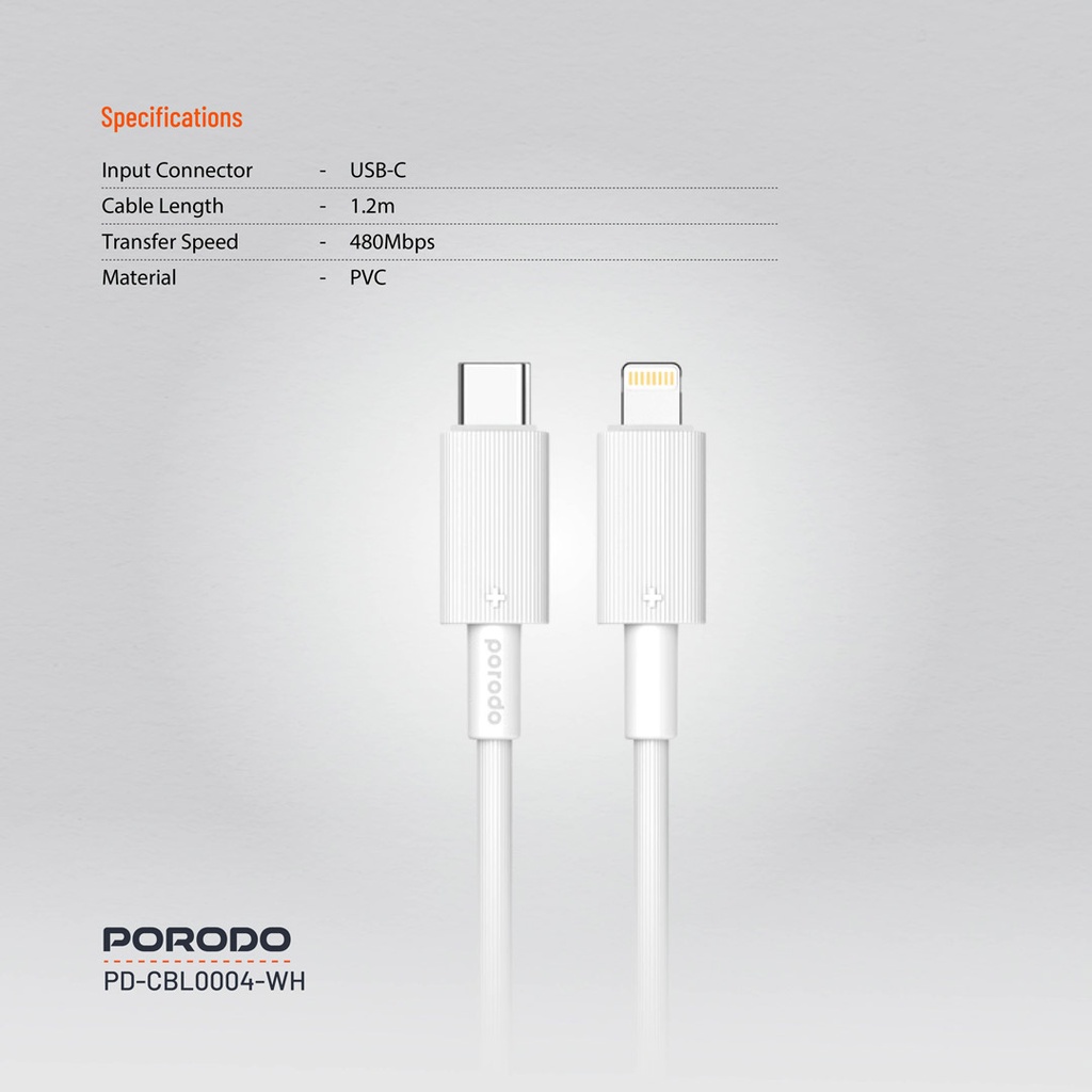 PORODO USB C TO LIGHTNING DURABLE CHARGING CABLE 1.2M WHITE PD-CBL0004-WH thumbnail 11