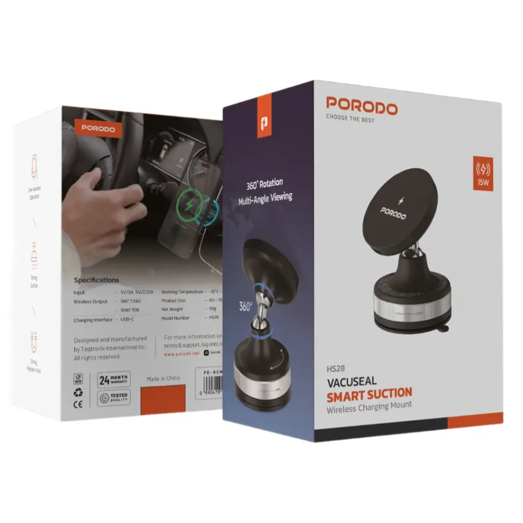 PORODO VACUSEAL VACUUM SUCTION WIRELESS CHARGING MOUNT BLACK PD-HSM28-BK thumbnail 3