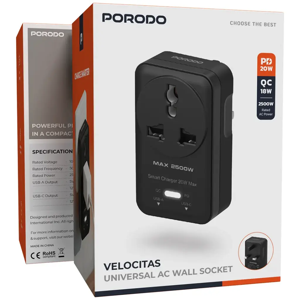 PORODO VELOCITAS UNIVERSAL AC WALL SOCKET BLACK PDUKAUN01DBK thumbnail 3