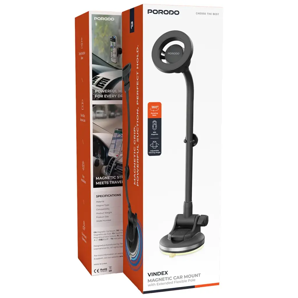 PORODO VINDEX MAGNETIC CAR MOUNT WITH EXTENDED FLEXIBLE POLE BLACK PDMCPH68BK thumbnail 3