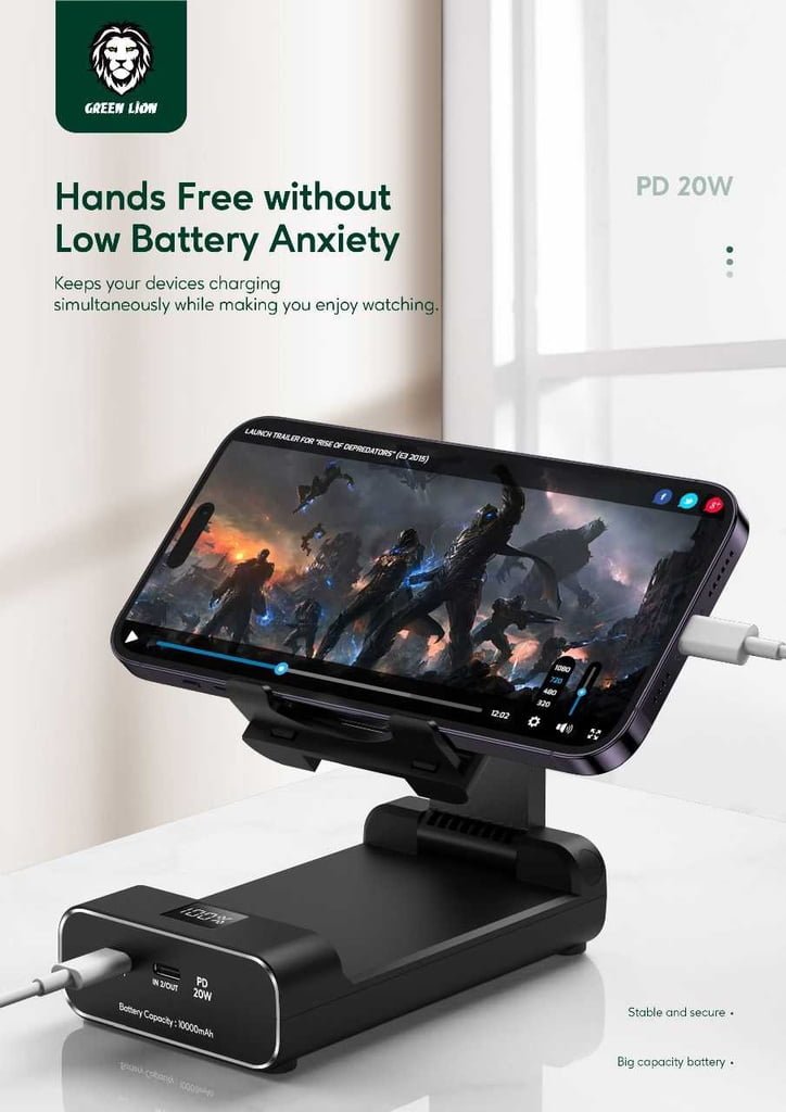 GREEN LION POWER BANK 10000MAH & FOLDABLE MOBILE STAND BLACK GNFLDPBSTBK thumbnail 4