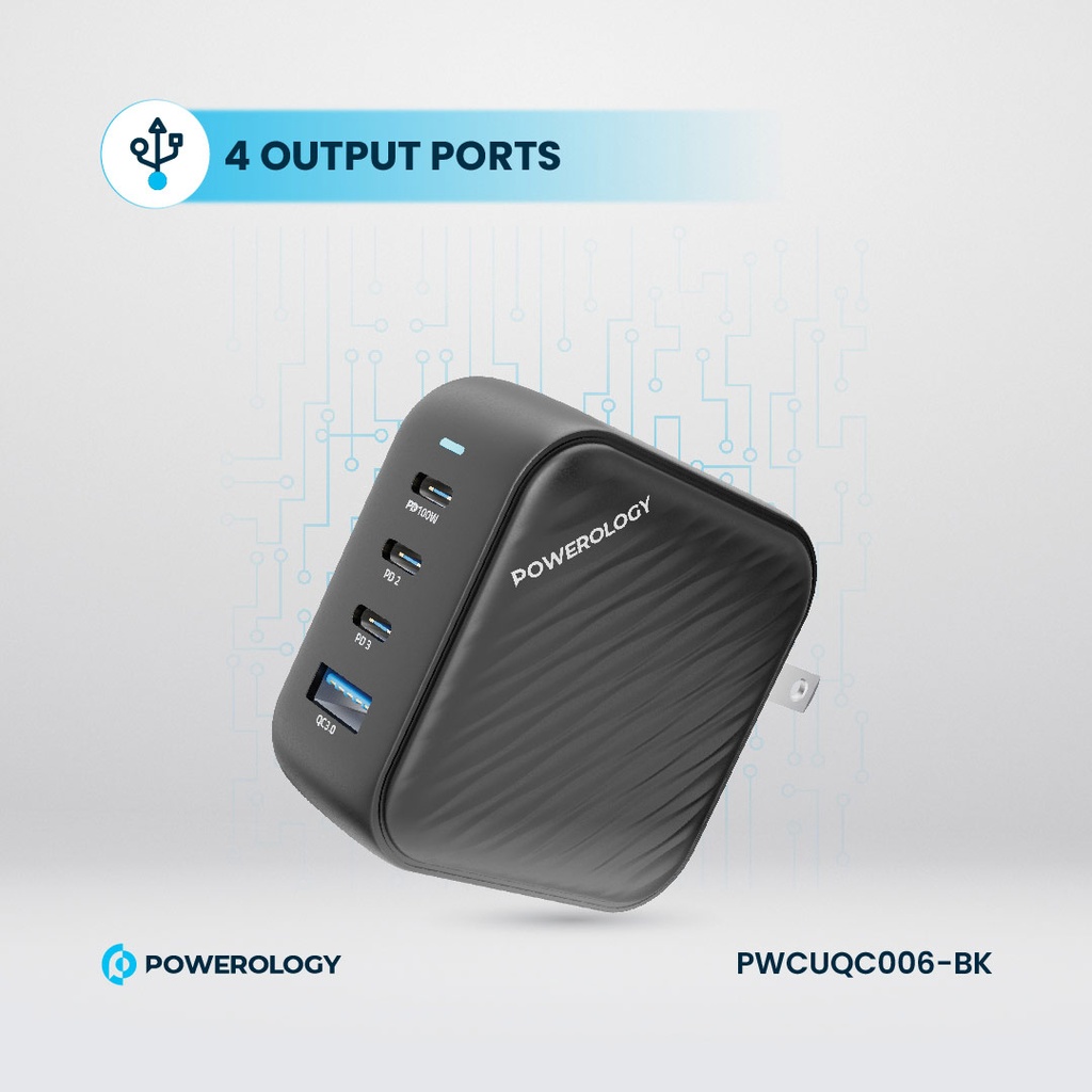 POWEROLOGY TRIPLE PD GAN CHARGER PD100W USB A TO QC 3.0 BLACK thumbnail 9