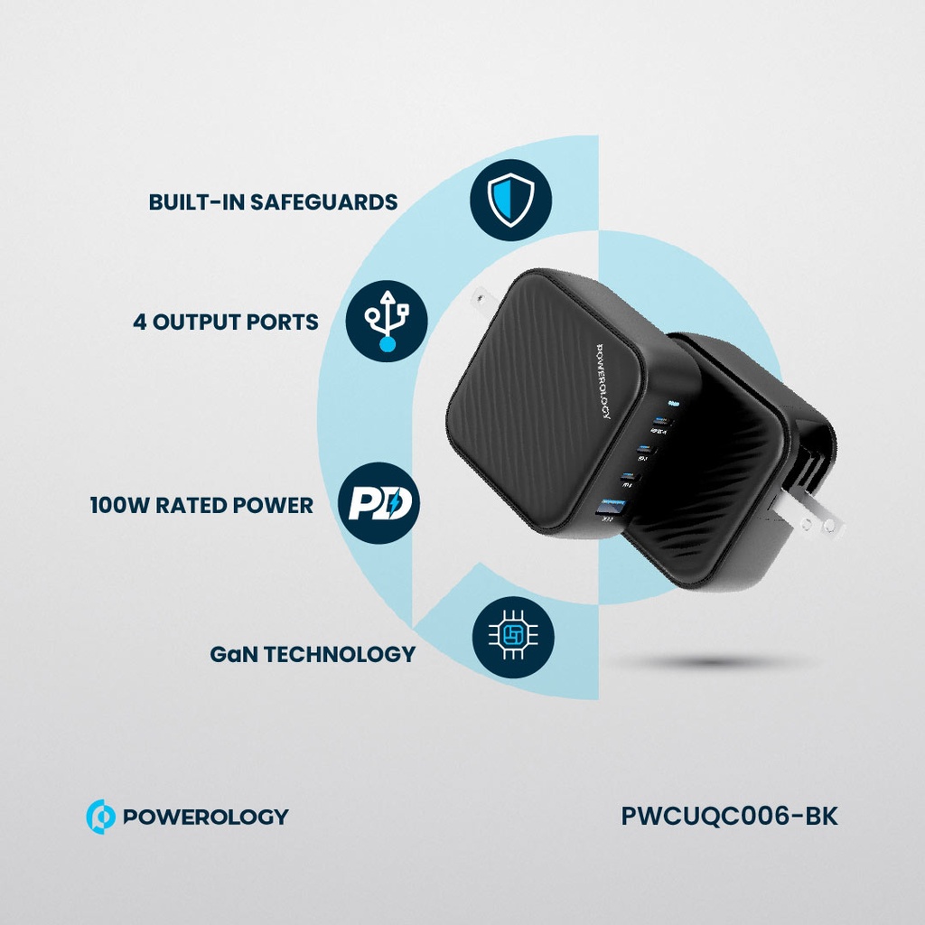 POWEROLOGY TRIPLE PD GAN CHARGER PD100W USB A TO QC 3.0 BLACK thumbnail 7