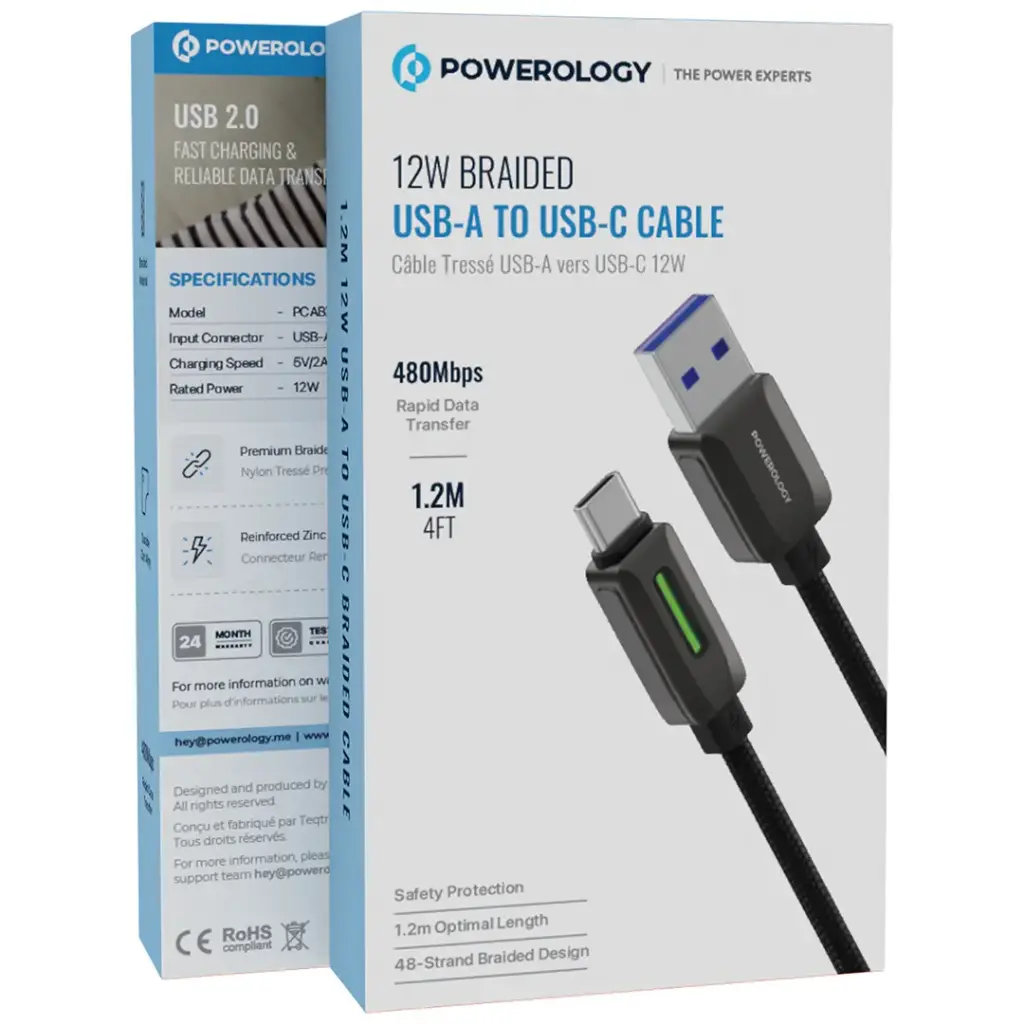 POWEROLOGY 12W BRAIDED USB A TO USB C CABLE BLACK PCABXGH122BK thumbnail 5