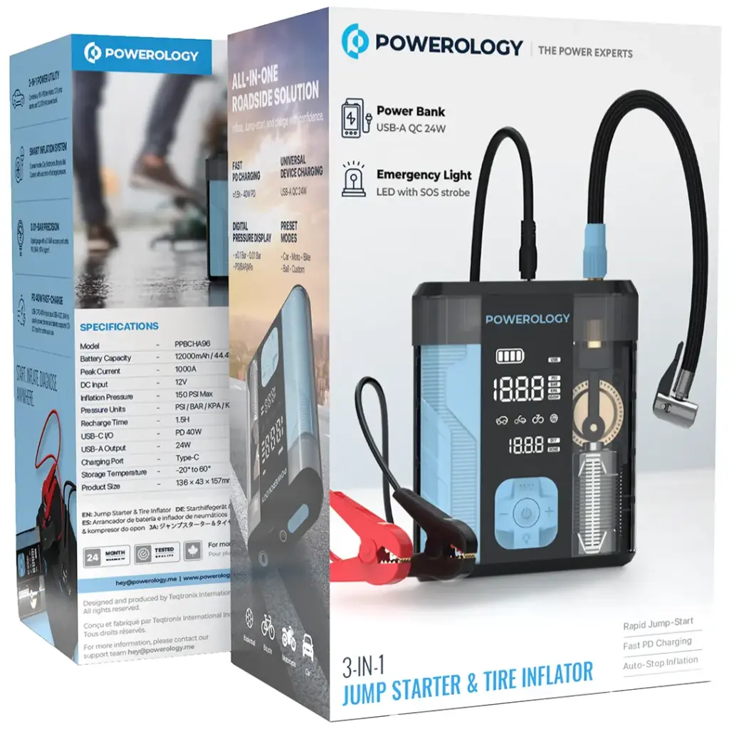 POWEROLOGY 3 IN 1 JUMP STARTER & TIRE INFLATOR BLACK/BLUE PPBCHA96BKBU thumbnail 11