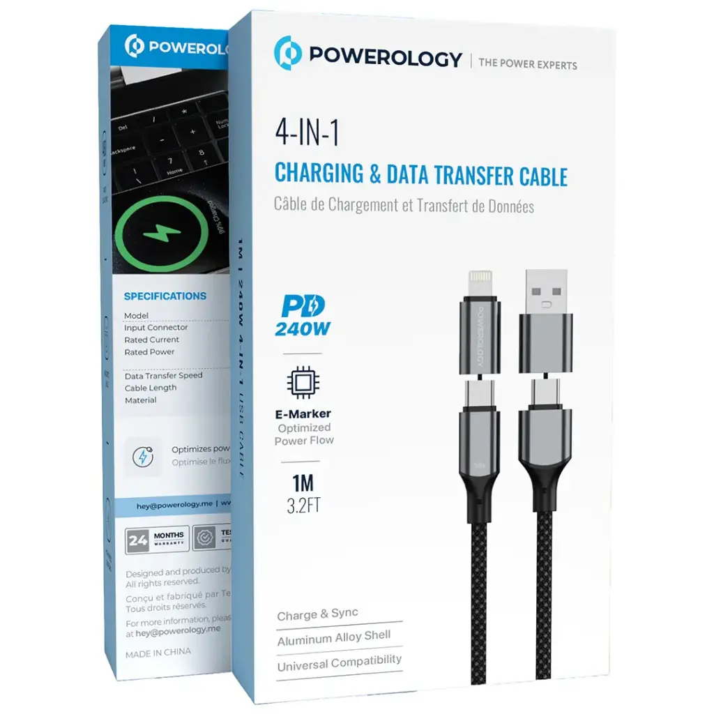 POWEROLOGY 4 IN 1 CHARGING AND DATA TRANSFER CABLE 240W 1M BLACK PWMHZA240WBK thumbnail 3