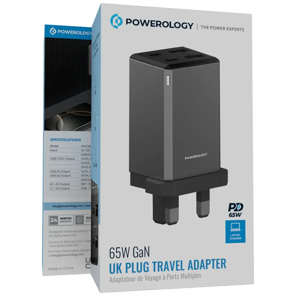 POWEROLOGY 65W GAN UK PLUG TRAVEL ADAPTER GRAY PWCUQC063GR thumbnail 3