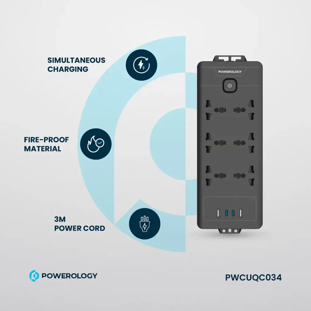 POWEROLOGY 6AC 2500W POWER STRIP BLACK PWCUQC034 thumbnail 5