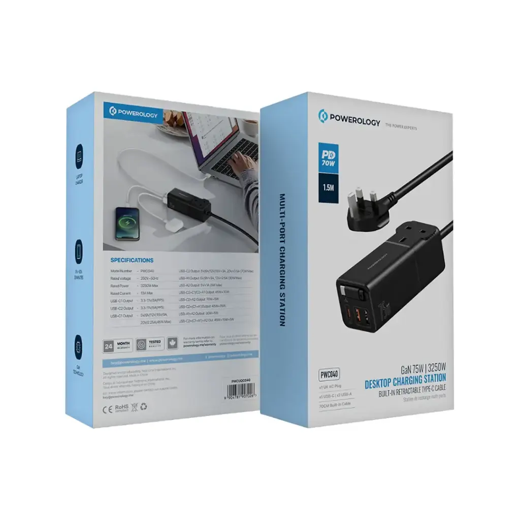 POWEROLOGY GAN 75W 3250W DESKTOP CHARGING STATION BUILT IN TYPE C CABLE BLACK PWCUQC040 thumbnail 3