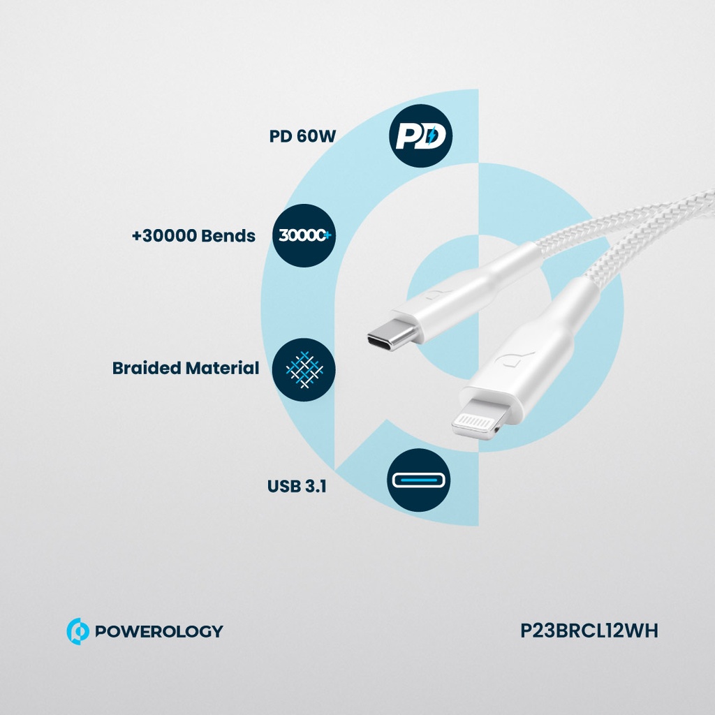 POWEROLOGY BRAIDED USB C TO USB C LIGHTNING DATA CABLE 1.2M WHITE thumbnail 6