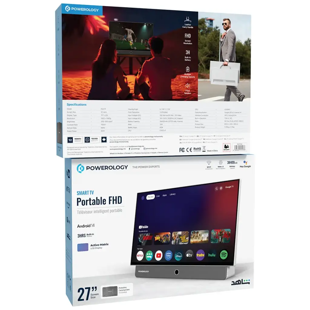 POWEROLOGY 27 INCH ANDROID 14 1GB+8GB 38400MAH GOOGLE TV FOR OUTDOORS WITH CARRY CASE WHITE PG27FWH thumbnail 6