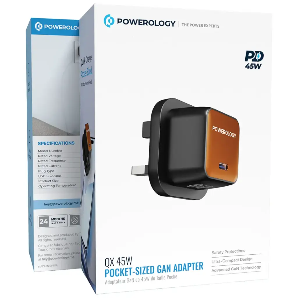POWEROLOGY QX 45W POCKET SIZED GAN ADAPTER BLACK/ORANGE PWCUQC055BKOG thumbnail 3