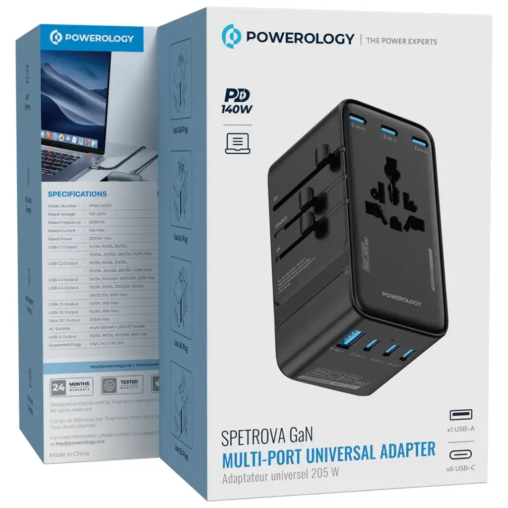 POWEROLOGY SPETROVA GAN MULTI PORT UNIVERSAL ADAPTER PD 140W BLACK PPBCHA120BK thumbnail 11