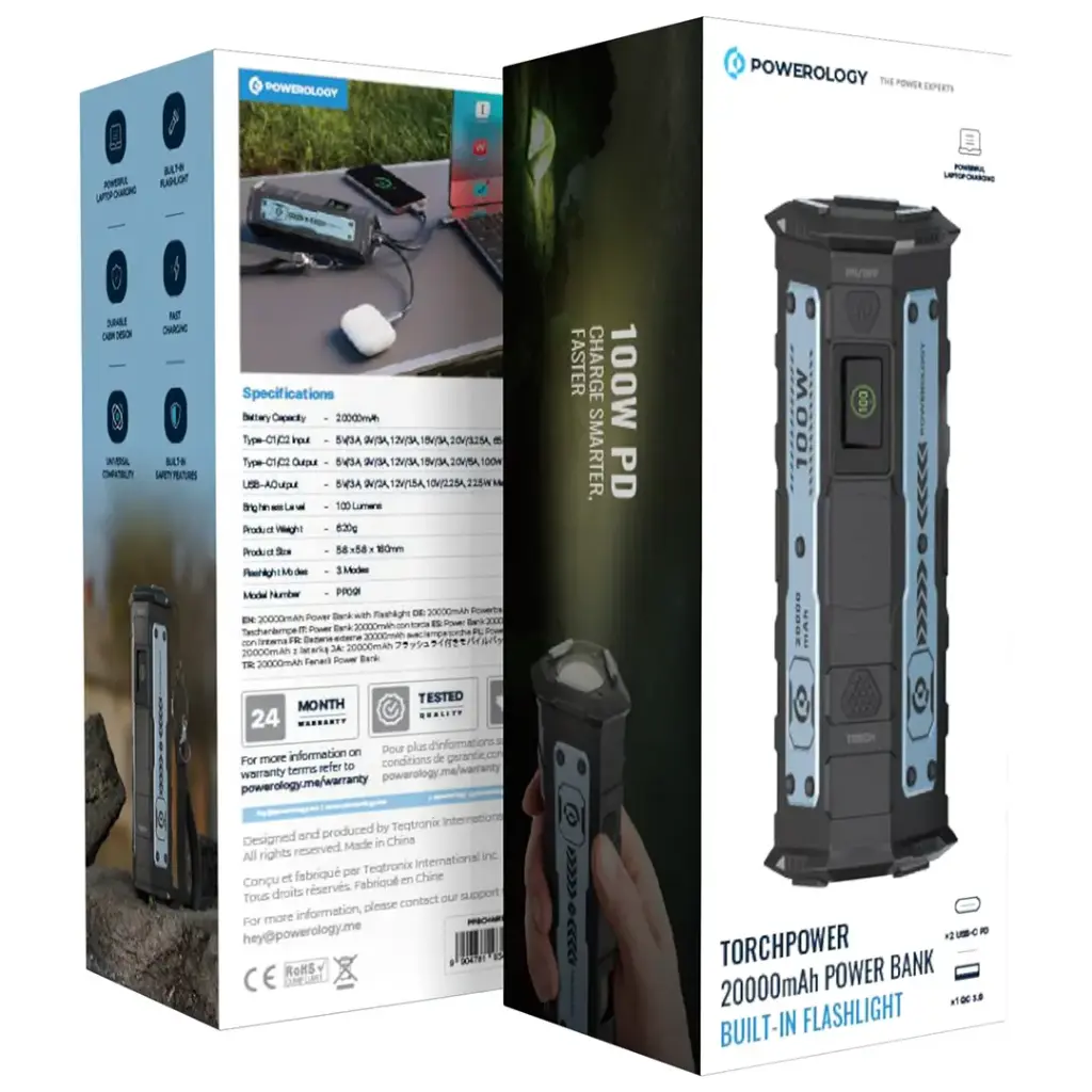 POWEROLOGY TORCHPOWER 20000MAH POWER BANK BUILT IN FLASHLIGHT BLACK PPBCHA91BK thumbnail 9