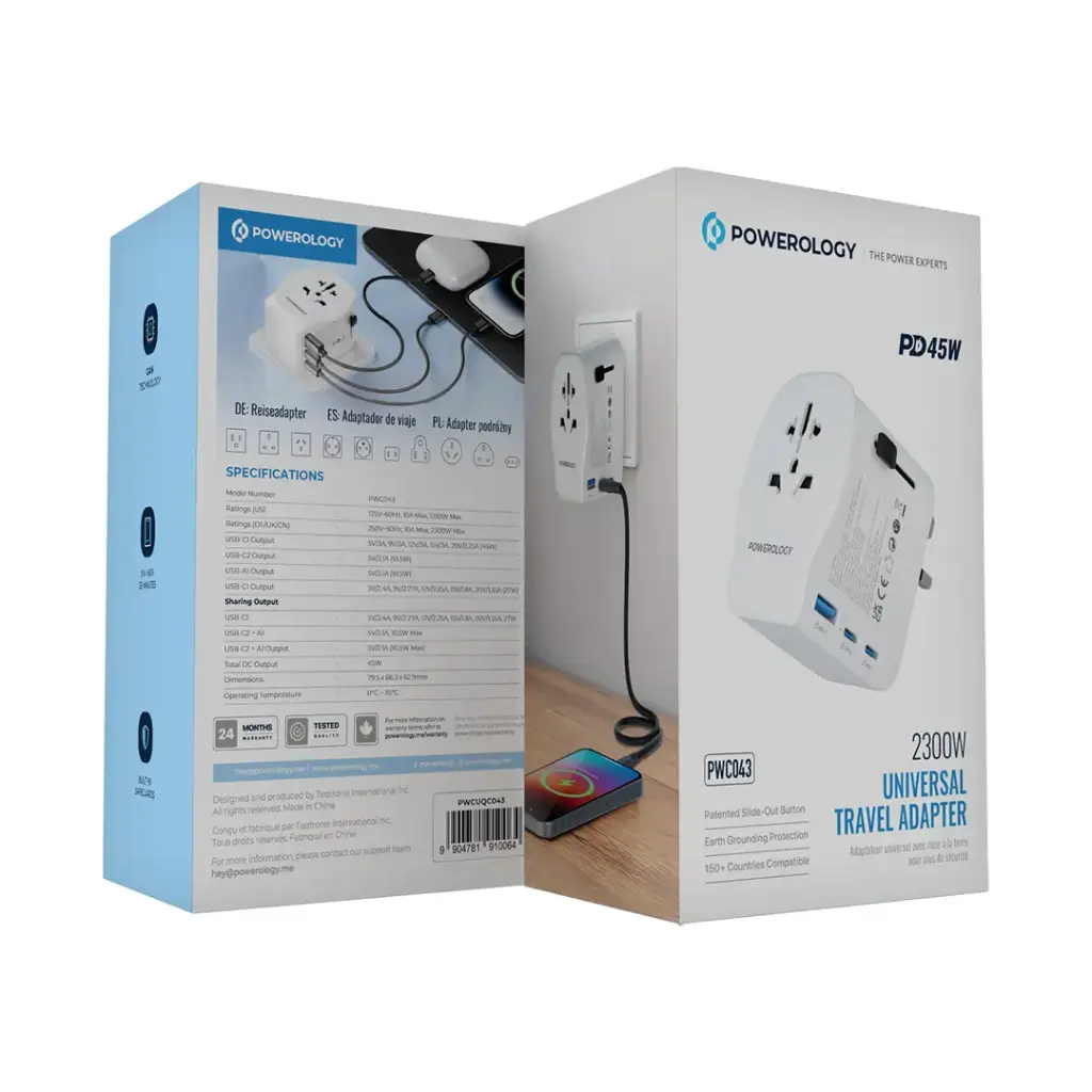 POWEROLOGY UNIVERSAL TRAVEL ADAPTER PD 45W 2300W WHITE PWCUQC043 thumbnail 5