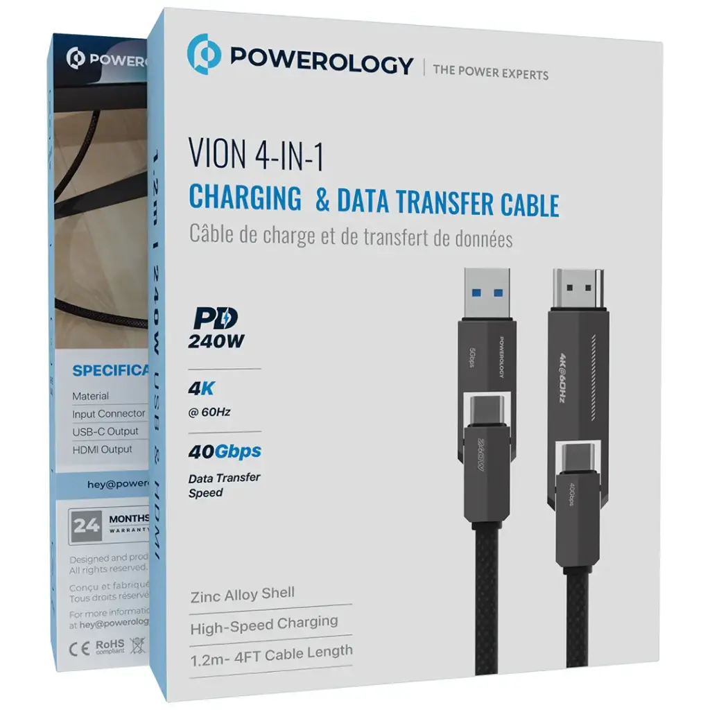 POWEROLOGY VION 4 IN 1 CHARGING AND DATA TRANSFER CABLE 240W BLACK PCAB034BK thumbnail 3