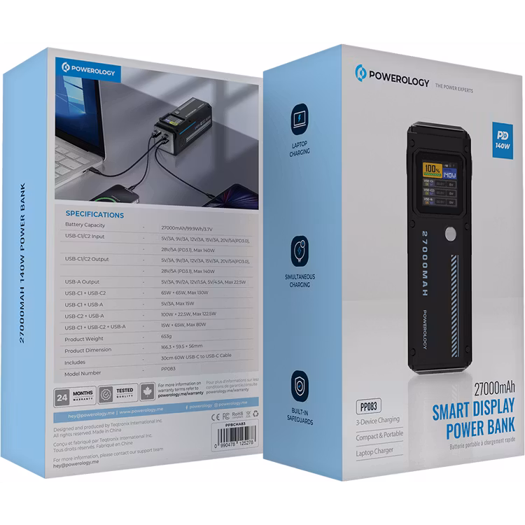POWEROLOGY POWER BANK 27000MAH PD 140W WITH SMART DISPLAY PP083 BLACK PPBCHA83 thumbnail 8