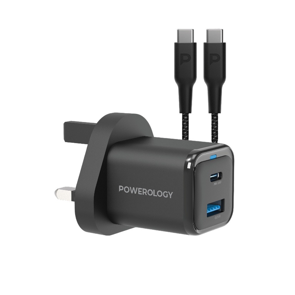 POWEROLOGY DUAL PORT SUPER COMPACT QUICK CHARGER WITH  USB-C TO USB -C CABLE 1.2M BALCK PWCUQC023-C