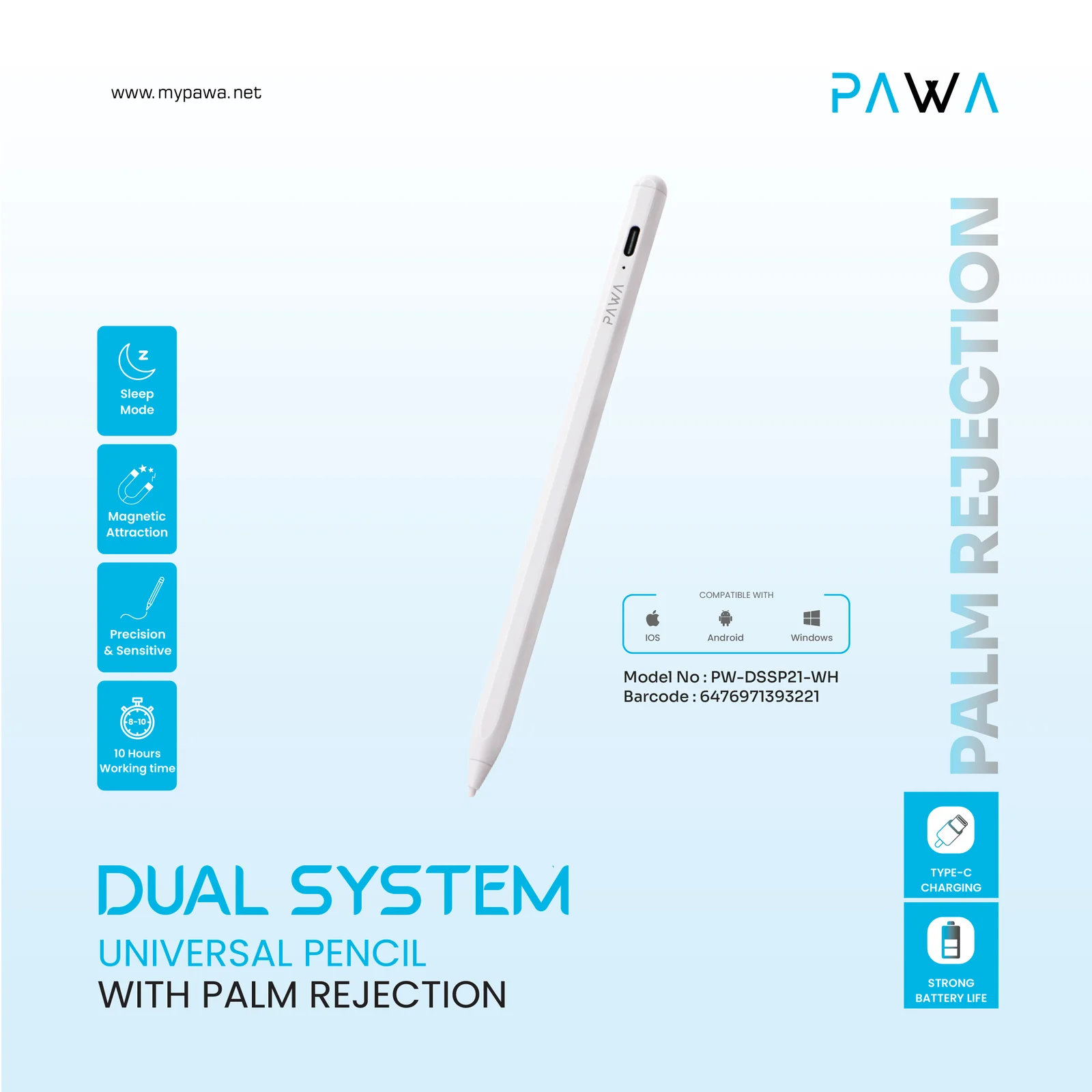 PAWA DUAL SYSTEM UNIVERSAL PENCIL WITH PALM REJECTION WHITE PW-DSSP21-WH thumbnail 8