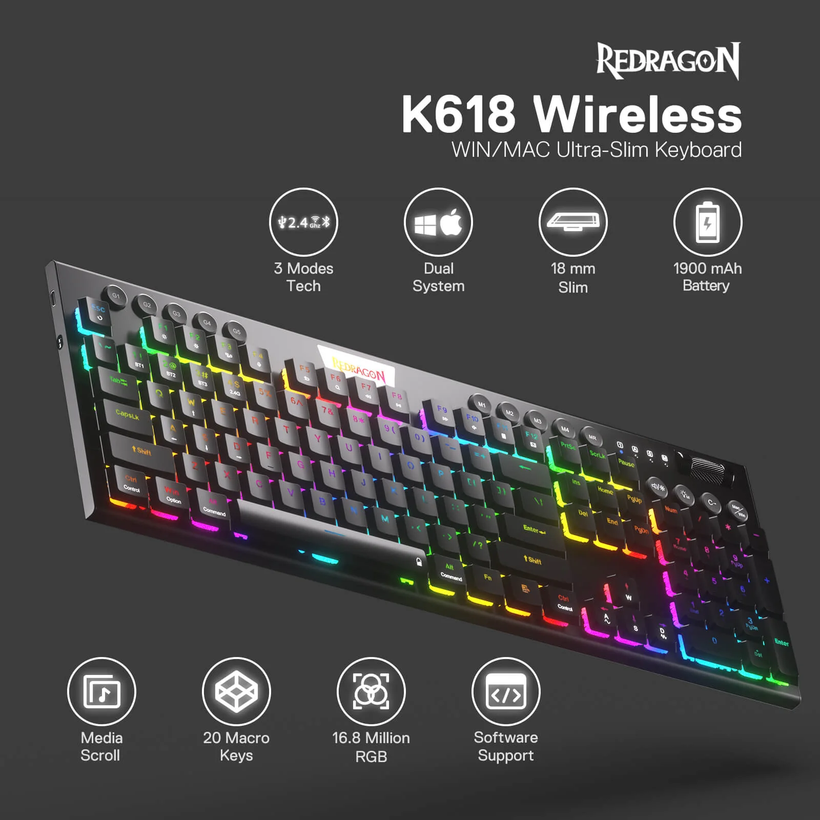 Redragon Horus Wireless RGB Mechanical Keyboard (K618RGB-Pro, Red Switches) - Ultra-Thin Design with Dynamic Lighting thumbnail 25