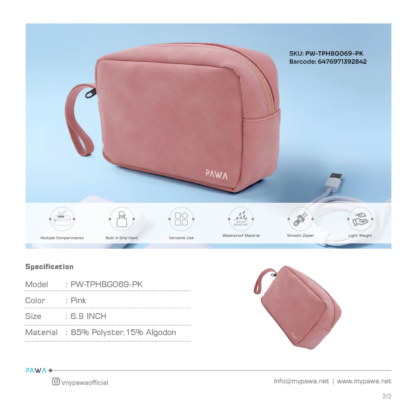 PAWA BELLO TRAVEL POUCH PINK PW-TPHBG069-PK thumbnail 8