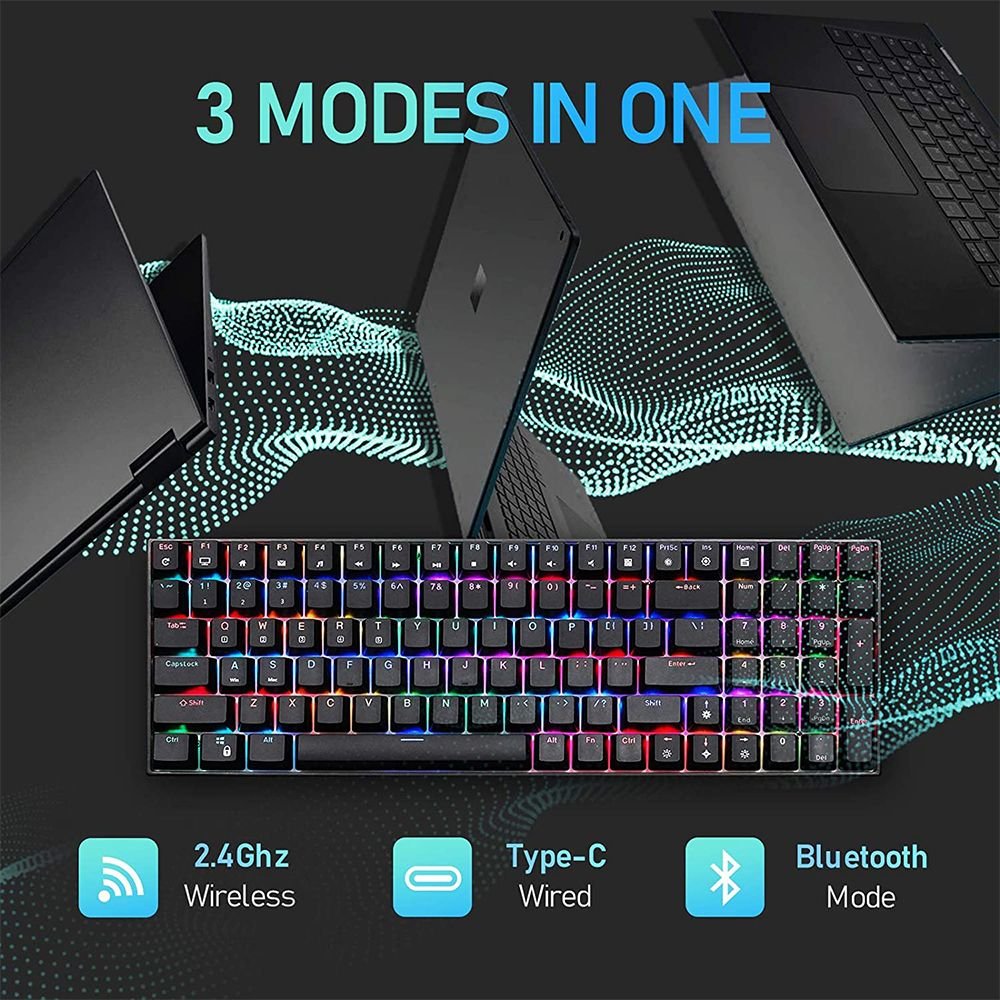 ROYAL KLUDGE GAMING KEYBOARD RGB TRI MODE HOT PLUG BLUE SWITCH BLACK RK100 thumbnail 5