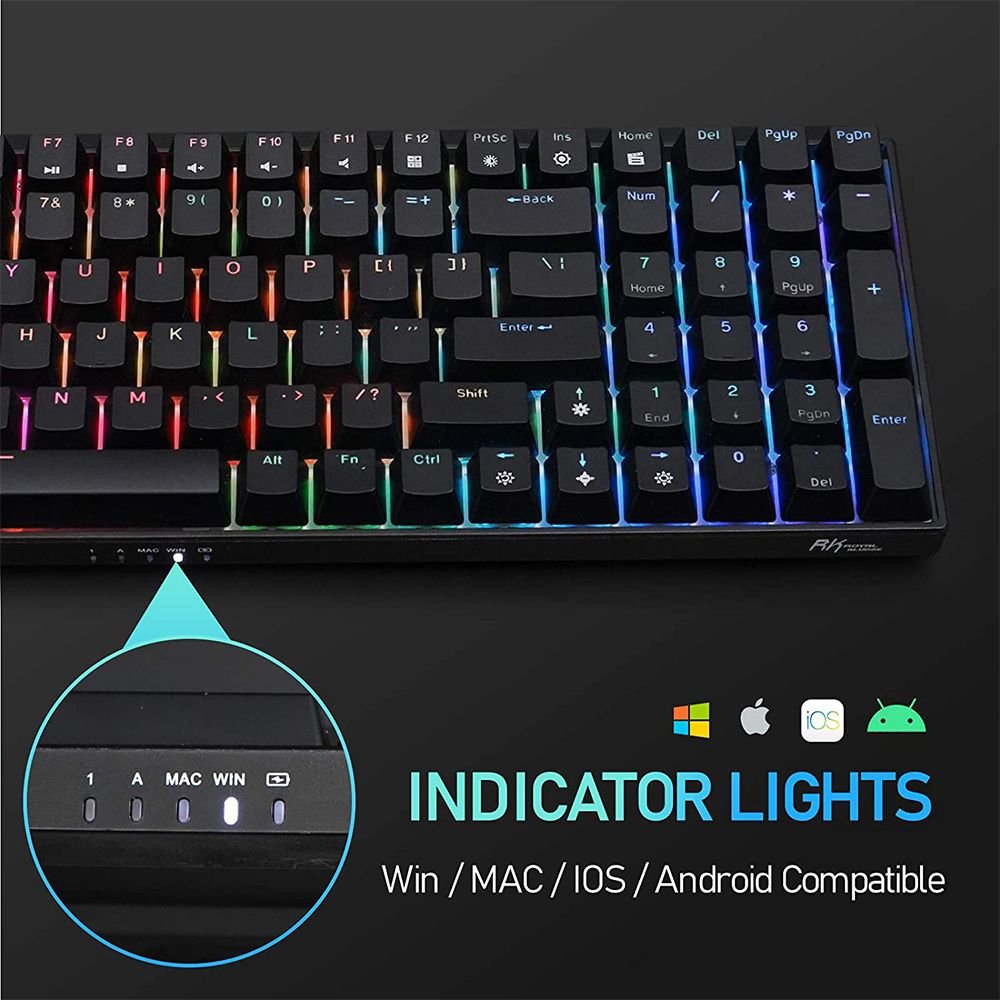 ROYAL KLUDGE GAMING KEYBOARD RGB TRI MODE HOT PLUG BLUE SWITCH BLACK RK100 thumbnail 7